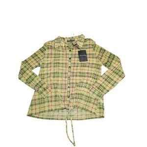 A Love Story Mesh Plaid Shirt Green Yellow Pattern Long Sleeves Button-down Fron